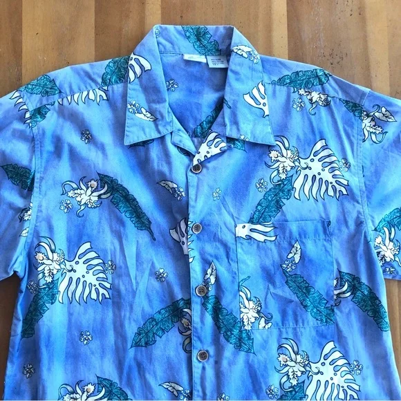 Vintage Men's Hawaiian Shirt Blue Hibiscus Ocean Pacific OP Floral Botanical L - Picture 7 of 7